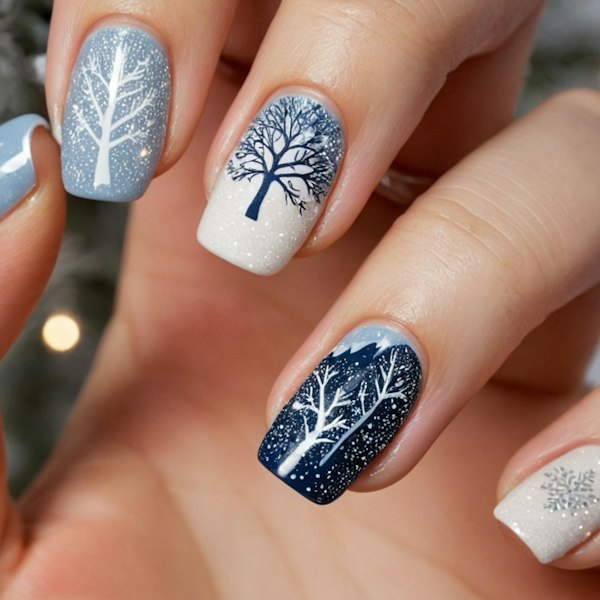 Nails painted with white and navy tree designs